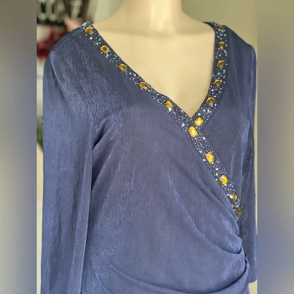 Patra Vintage Beaded Ruched Blue Dress